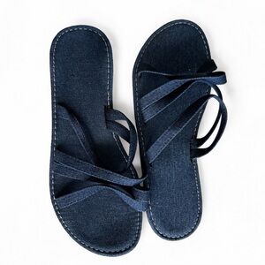 Denim Lace-Up Flat Sandals | Size 40 (US 9–9.5) | Strappy Tie-Up Slides